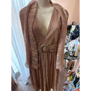 Soieblu Rose Gold Metallic Pleated Midi Dress with Shawl Set Size Large V-Neck
